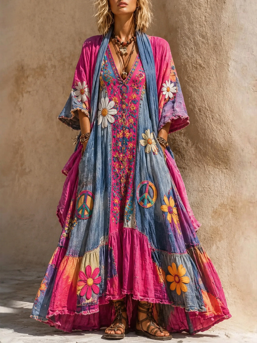 Retro Style Art Printed Vintage Camisole Dress Long Sleeve Two-Piece Maxi Dress